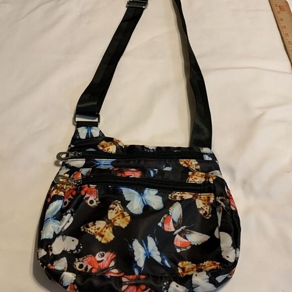 Soyater multi zipper compartment crossbody novelty nylon bag w/butterfly detail. - Picture 2 of 12